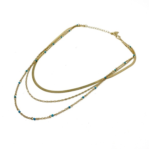 New Free People Everything I Wanted Layered Necklace Gold Blue Stones Turquoise - Picture 10 of 11